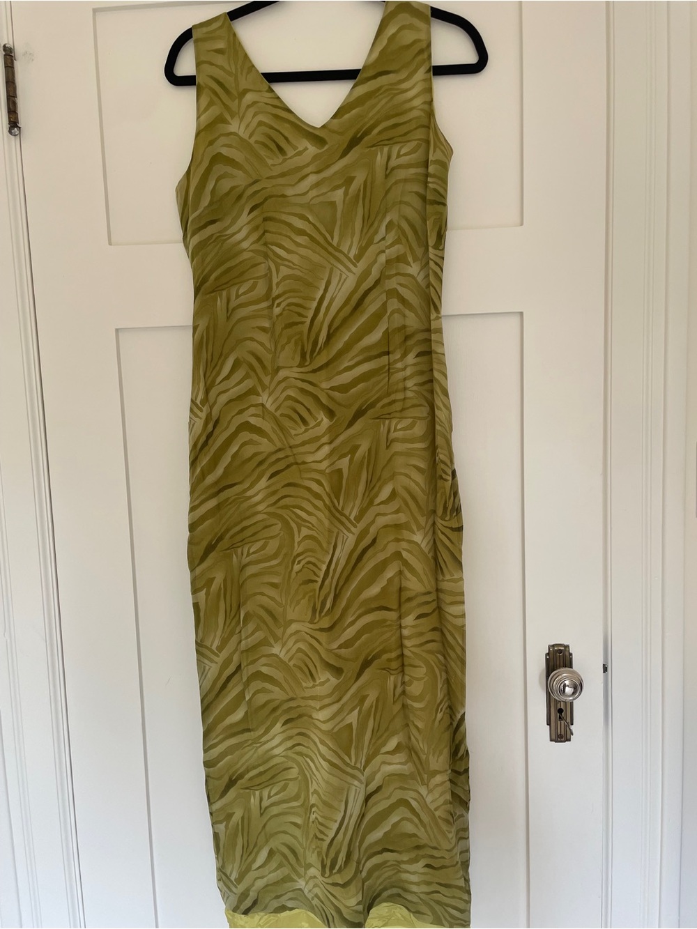 Vintage Silk Abstract Zebra Print Dark Lime Green Chartreuse Midi Maxi Dress 90s